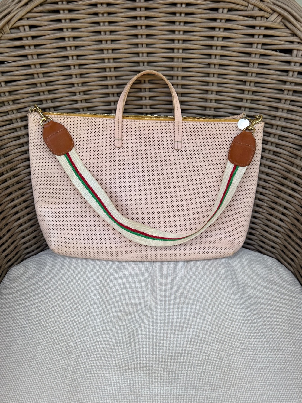 Clare V Blush Pink Perforated Tote with Striped Shoulder Strap - Picture 3 of 14